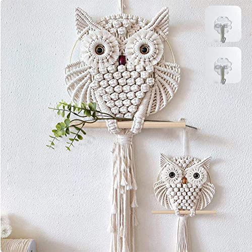 YSGLIFE 2 x Eulen Makramee Wandbehang Wanddekoration Handgefertigt Boho Ornament Wandkunst Aufhänger für Heimdekoration Büro Wohnzimmer Schlafzimmer Kinderzimmer