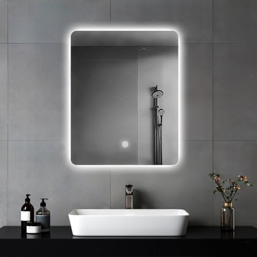 MYGIIVOVO Badezimmer Wandspiegel, Badspiegel Mit Beleuchtung, 60 x 45 cm Spiegel mit LED Licht, Touch Schalter und 3 Farben Dimmbar (Rechteck)