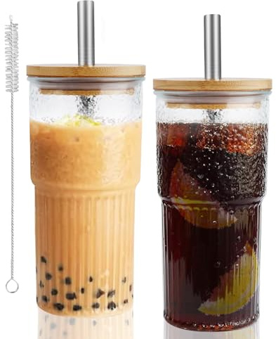 VMUTGA Becher Mit Deckel und Strohhalm, 2 x 600ml Trinkgläser, Edelstahl-Trinkglas für Milch, Softdrinks, Milchtee und Kaffee