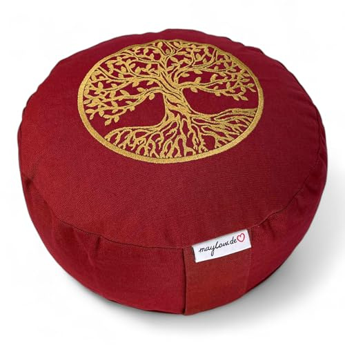 maylow Yoga mit Herz Yogakissen Meditationskissen Baum des Lebens H:15cm mit Buchweizenspelz gefüllt 100% Baumwolle waschbarer Bezug personalisierbar