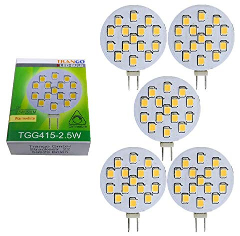 Trango 5er Set LED Leuchtmittel G4 Fassung G415-2.5 * 5 zum Austausch MR16 Leuchtmittel 12Volt AC/DC 2.5 Watt 250 Lumen 3000K warmweiß Möbel Einbaustrahler, Schrank Einbauleuchte, Deckenleuchte
