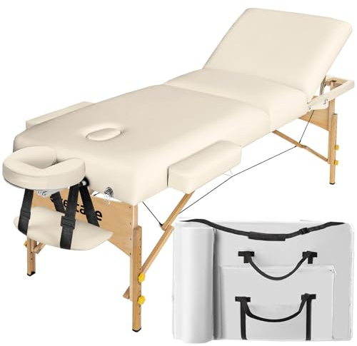 tectake höhenverstellbare Massageliege klappbar mit 3 Zonen, Massagetisch, 10 cm Polsterung, Mobile Massageliege, Kopf- und Armstütze, Massagebank mit Holzfüßen, Zubehör Tragetasche - beige
