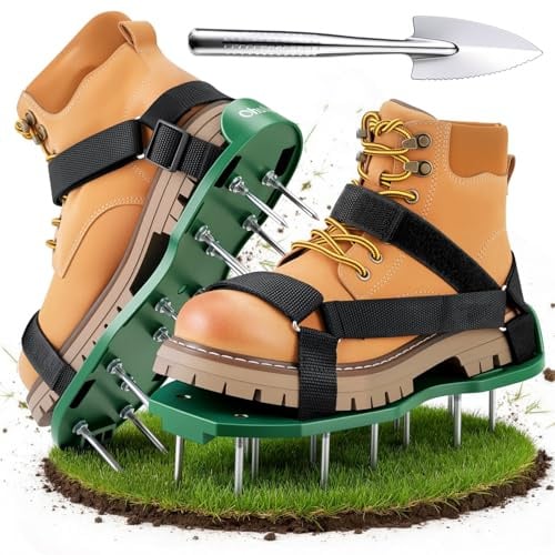 Ohuhu Nagelschuhe Rasenlüfter Schuhe vormontiert mit Klettverschluss, Rasenbelüfter Vertikutierer mit Schaufel Aerifizierer für Rasenbelüftung Garten Schuhe Der ideale Rasenbelüfter