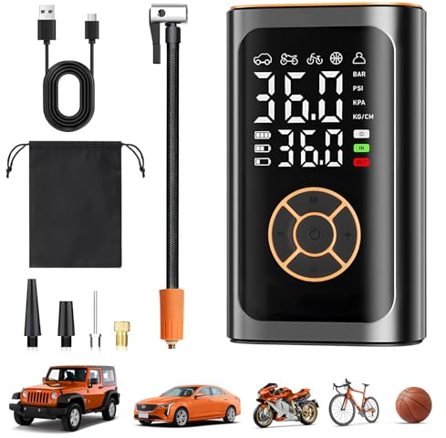 Elektrische Luftpumpe - 4000mAh & 150PSI Fahrradpumpe für Autoreifen mit Manometer & LED-Licht, schnellere Aufblasung Mini Kompressor für Auto Fahrräder, Motorra