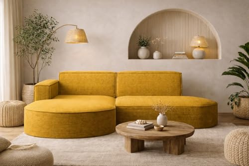 Kaiser Möbel - Ecksofa mit Wohnlandschaft, Eckcouch L-Form, Sofa 3-sitzer, Polstersofa, Bequemes Couch mit Ottomane für Wohnzimmer, Relaxsofa, Stilvolles Cord Sofa, Modena Studio, Gelb, Links