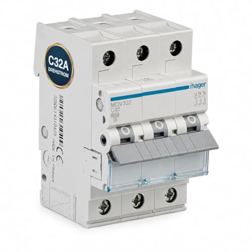 HAGER MCN332 Leitungsschutzschalter 3-polig C32A, LS-Schalter 32A für Drehstrom & Hutschiene, 6kA Sicherungsautomat, biconnect Klemmsystem, DIN EN 60898-1, 230/400V AC