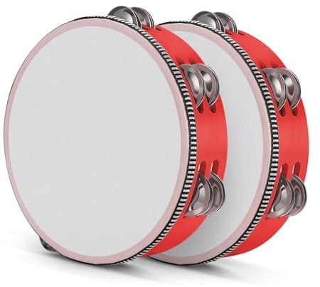 Flexzion Tamburin, Handtrommel mit Handgriff - 2er-Pack, 20cm Schellenkranz in Mond-Form aus Holz, Musik Schlaginstrument, zweireihige Schellenring mit 12 Paar Metall Schellen, Rot