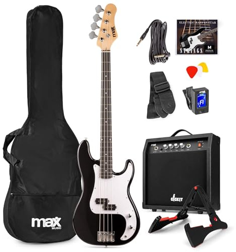 MAX GigKit Bassgitarre Set, E Bass Gitarre, Bass Guitar mit Gitarrenverstärker, Tasche, Stimmgerät, Plektren, Ständer, Gurt, Kabel und Ersatzsaiten - 21 Bünde - schwarz