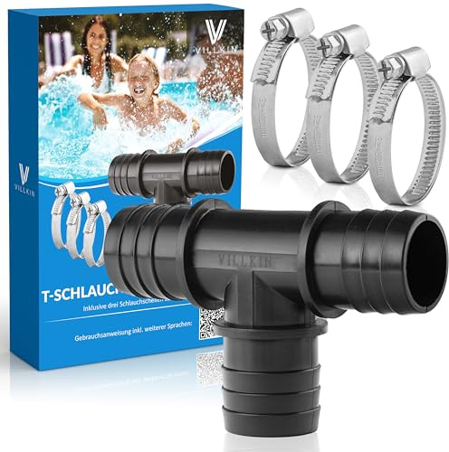 Villkin T-Schlauchverbinder inkl. 3x Schlauchschellen für den Pool - 38mm - T-Stück Schlauchtülle für Poolschläuche schwarz