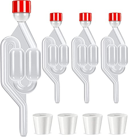 WJMY Gärröhrchen Set – 4 Stück mit Deckel & Stopfen, für Wein, Kimchi | S-Förmig, ca. 6.97''x2.07''. Inkl. Silikonstopfen (0,69''). BPA-Frei, Lebensmittelecht & Wiederverwendbar