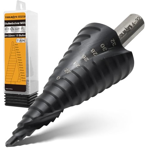 TOOLMAYS Stufenbohrer M35 AlTiN-Beschichtung Kegelbohrer Ø4-32mm für Edelstahl, Kunststoff, Metall und Holz, 15 Stufen, stufenbohrer edelstahl