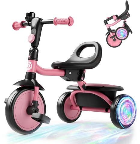 besrey Kinderdreirad mit Blinkrädern für Kinder von 2 Jahre bis 5 Jahren, Kleinkinderdreirad mit Klingel, Kinderdreirad, Geschenk und Spielzeug für Jungen und Mädchen, Rosa