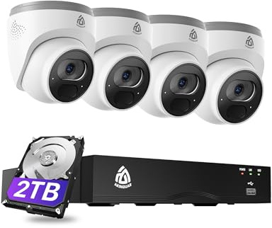 4K Überwachungskamera Aussen Set, 8CH Videoüberwachung mit 4X 8MP PoE IP Kamera und 2TB HDD NVR, Innen Outdoor 24/7 Aufnahme, Personenerkennung Fahrzeugerkennung, IP66, Keine Monatliche Gebühr