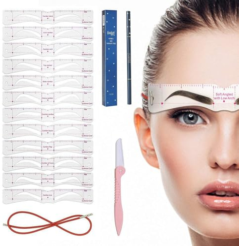 KQDRAVINE Augenbrauen Schablone für Anfänger, 12 Stile Augenbrauen Schablonen Set mit Festes Seil und Augenbrauenrasier, Wiederverwendbar DIY Stempel für schnell Make-up