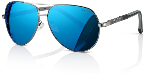 Olwen XXL Pilotenbrille für große Köpfe (polarisiert), extra groß, hoch, XL + Gratis Hartschalenetui, Blauer Spiegel, 67 mm Sonnenbrille