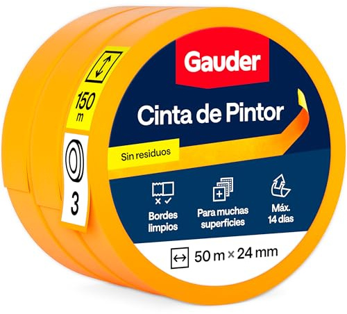 GAUDER Goldband Malerkrepp, Malerband Abdeckband (3 Rollen, 24 mm x 50 m) | Rückstandsfreies Maler Klebeband aus Washi für präzise Farbkanten, Kreppband und Abklebeband für viele Oberflächen