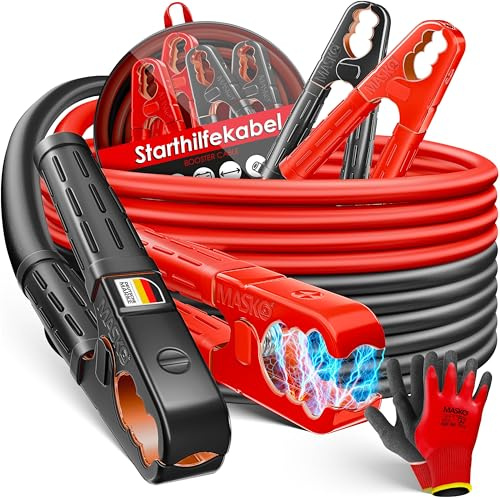 MASKO® Starthilfekabel Überbrückungskabel für Benzin- und Dieselmotoren 12/24 Volt. Auto, Motorrad & LKW Starterkabel aus Kupfer mit 4 vollisolierten Polzangen, Handschuhe & Tasche 2x4m 30mm² 1500Amp