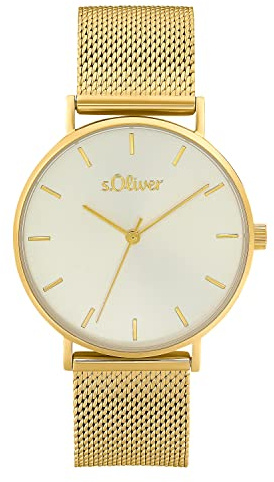 s.Oliver Armbanduhr Damen Quarzuhr Analog, mit Edelstahl Armband, Gold, 3 bar Wasserdicht, Kommt in Uhren Geschenk Box, 2033517