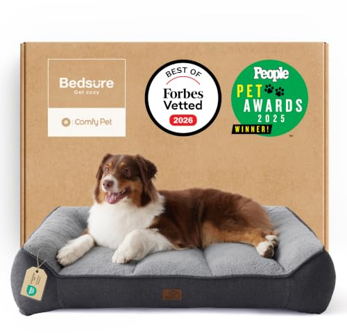BEDSURE SupportMax™ extra Dickes ergonomisches Hundebett Grosse Hunde | 96x71x21cm Druckentlastendes Hundesofa, waschbarer Bezug, rutschfest, Sherpa-Plüsch, stilvolles Design, dunkelgrau