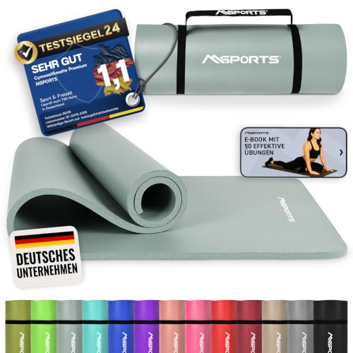 MSPORTS Gymnastikmatte Premium – rutschfeste Fitness-, Pilates- & Yogamatte | Hautfreundlich - inkl. Tragegurt, Übungsposter & Workout-App - 190 x 80 x 1,5 cm - Steingrau