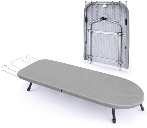 Klappbares Tischbügelbrett mit Eisenständer, Kleines Bügelbrett mit Anti-Rutsch-Klappbeine, Stabil Metallgewebe Bügelbrett für Wohnheime, Wohnungen und Reisen, 83x31 cm, Grau