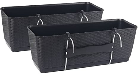 Tymar Blumenkästen für Balkon, Geländer, 2er-Pack, Rattan Optik, inkl. Bewässerungssystem ((2 Pack) Anthrazit; 60 cm)