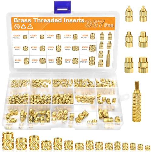 YOMKILU 367 Stück Gewindeeinsatz Set, M2 M2.5 M3 M4 M5 M6 1/4-20 Messing Einschmelzgewinde mit Lötkolben Einschmelzhilfe, Gerändelt Einpressmuttern für Kunststoffteile, Gewindeeinsätze für 3D-Drucker
