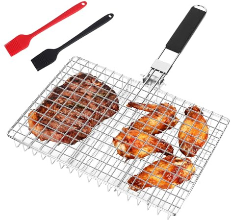 Grillkorb Fischbräter,Fisch Grillkorb Edelstahl,Faltbar, Tragbar,Fisch Grillhalter Grillkorb mit 2 Silikonbürste,für Camping & BBQ Fisch, Gemüse, Garnelen