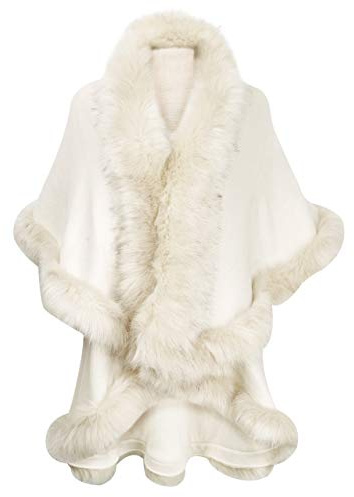 ZLYC Damen Winter Kunstpelz Poncho Strick Schal Stola Warm Cape Cardigan (Weiß),Einheitsgröße