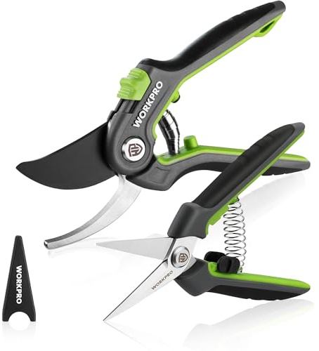 WORKPRO Gartenschere Set 2-tlg, 210mm SK5 Bypass Astschere für frische Zweige, 160mm Ernteschere Pflückschere für Blume und Frucht, Pflanzenschere Baumschere Rosenschere Blumenschere für Gartenarbeit