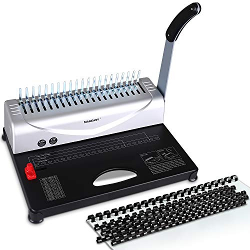 MAKEASY Bindemaschine 21-Loch bis DIN A4 | Stanz- & Spiralbindegerät für bis zu 450 Blatt | Stanzkapazität 12 Blatt inkl. 100 Plastikbinderücken Starterset | für Büro, Homeoffice & Schule