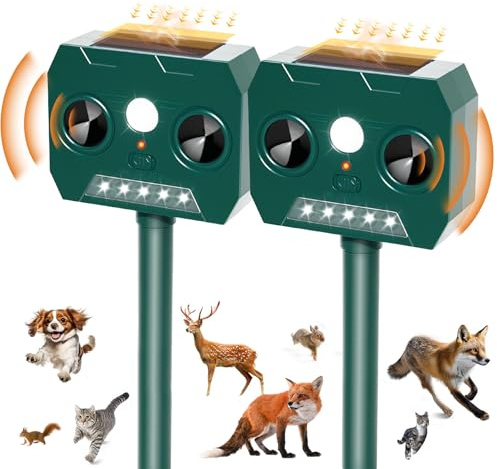 RAYGARD 2 Stück Katzenschreck Garten, Marderschreck 12m 120° Ultraschall Solar Hundeschreck mit LED Licht, IP45 Wetterfest Tiervertreiber für Katzen Hunde Fuchs Waschbär Marder
