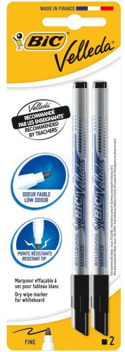 BIC Velleda Whiteboard-Stifte, trocken abwischbare Marker in schwarz, geruchsarm und mit widerstandsfähiger, dünner Spitze, 2 Stück