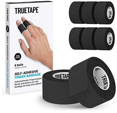 TRUETAPE Fingerpflaster | 8x Rollen selbsthaftende Pflaster für die Finger (2,5cm x 4,5m) | Tape Verband selbstklebend I Schmutzabweisendes Pflasterband I schmale Haftbandage (Schwarz)