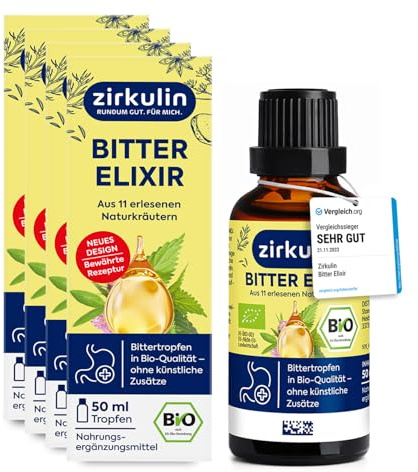 Zirkulin Bitter-Elixir – Bio Bittertropfen 50ml - Bitterstoffe aus 11 erlesenen Kräutern 4-8:1 Extrakt – Hildegard von Bingen – vegan, zuckerfrei – 4er Pack