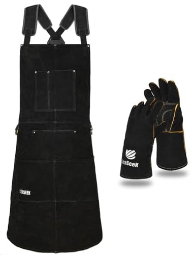 LeaSeek Schweißerschürze aus Leder,Hitzebeständige & Feuerfest Lederschürze | Schmiedeschürze, Hitzeabweisend, Feuerfest, 6 Taschen, für Schweißen, Grillen, für Herren und Damen