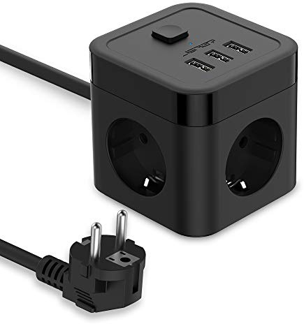 JSVER Steckdosenleiste Würfel USB Mehrfachsteckdose Cube 3 Fach mit 3 USB (15,5W) Steckdosen 3680W mit Schalter für Büro, zu Hause 1,5m Kabel-Schwarz