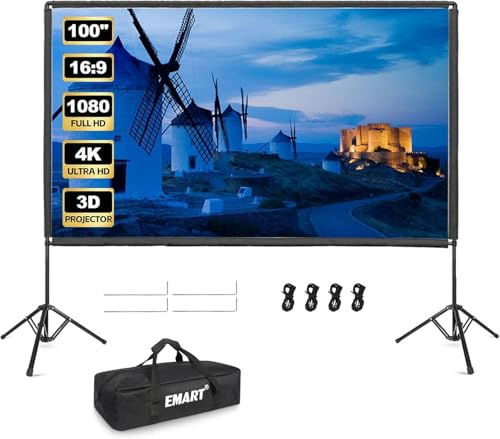 Beamer Leinwand mit Stativ 100 Zoll, EMART Tragbar Projektor Leinwand 16:9 HD, Projector Screen 4K Leinwand Beamer mit Ständer mit Tragetasche für Theater, Heimkino, Party