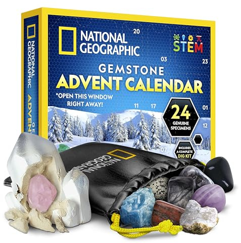 National Geographic Edelstein-Adventskalender 2024 - Adventskalender für Kinder mit 24 Edelsteinen zum täglichen Öffnen, vollständige Steinsammlung, Edelstein-Grabungsset (Nur in Englischer Sprache)