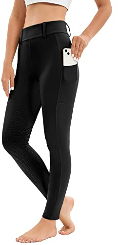 Reitleggings Damen Vollbesatz mit Handytasche, High Waist Reithose Damen Mädchen Stretch mit Gürtelschlaufen