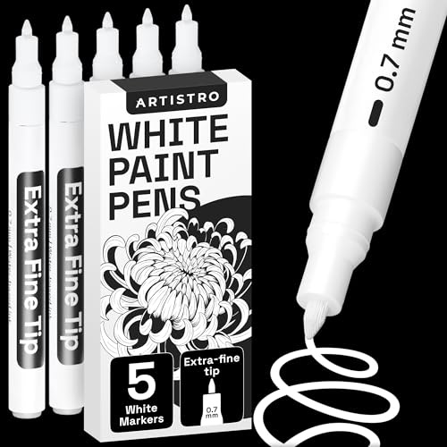 Artistro 5 Weiße Acrylstifte für Steinbemalung, Stein, Keramik, Glas, Holz, Reifen, Stoff, Metall, Leinwand – 5er Set Acrylmarker auf Wasserbasis – Extra-Feine Spitze