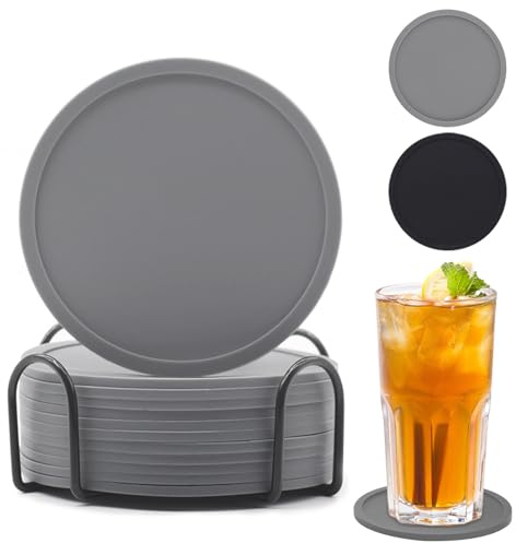 Untersetzer Gläser, 12er Set Silikon Glasuntersetzer rutschfest und Isoliert Glas Untersetzer-Set, Rund Glasuntersetzer mit Halter, für Getränke, Bar, Tassen, Glas – Tischuntersetzer (Grey)