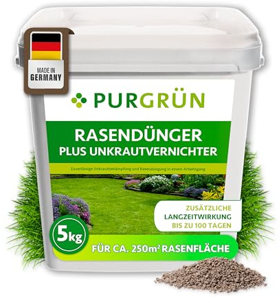 Purgrün® Rasendünger mit Unkrautvernichter 5 kg – Schnell wirksame mineralische Rezeptur – Kombi-Wirkstoff gegen Unkraut – NPK 22+5+5 – 100 Tage Langzeitwirkung – Profi-Qualität – Für jeden Rasen