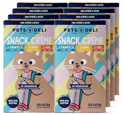 Pets Deli Creme Snack für Katzen mit Huhn, Thunfisch & Krill, 8x90g | Cremiger Snack mit Huhn, Thunfisch & Krill, ideal als Topping oder Belohnung, getreidefrei, ohne Zucker, Premium Qualität