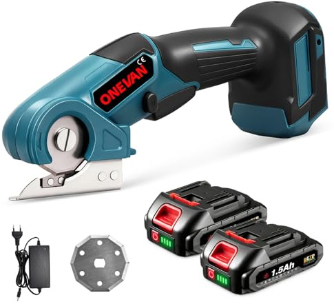 ONEVAN Akku Universalschere 20V Elektrisch Akkuschere mit Selbstschärfender Klinge, 7mm Schnitttiefe, Kartonschneider für Stoff/Teppich/Karton, 300 U/min Kabellose Schere mit 2x1.5Ah Akku