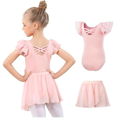 JiAmy Ballettkleidung Mädchen, Ballettkleid Mädchen Ballettanzug, Baumwolle Kurzarm Balletttrikot Turnanzug Tanzbody + Chiffon Wickelrock Tütü Rock Tanzkleid 2tlg für Kinder 2-11Jahre