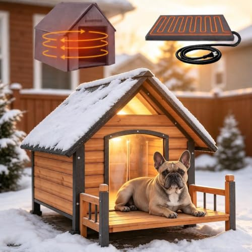 Aivituvin Beheizbare Hundehütte Outdoor für Draußen aus Holz mit Eisenrahmen und Veranda, Winterfestes Isoliertes Hundehaus mit Heizmatte und 6-Seiten-Isolierung, Braun