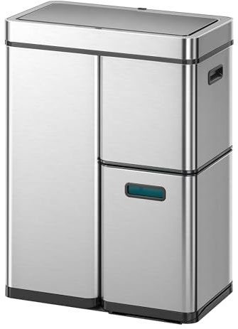 EKO Mirage Plus Mülltrennsystem mit 3 Fächer, 2 x 15 L und 30 L, Recycler Mülleimer mit Sensor, 3 Kunststoff Inneneimer, Automatischer Abfalleimer mit Deckel, großer Mülleimer Küche 60l, Edelstahl