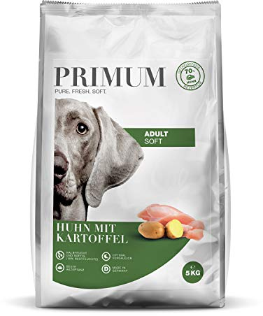 PRIMUM – Soft Adult | Halbfeuchtes Hundefutter mit 70% frischem Fleisch für ausgewachsene Hunde. Getreidefreies Alleinfutter ohne Zusatzstoffe im Beutel | 5kg Huhn mit Kartoffel