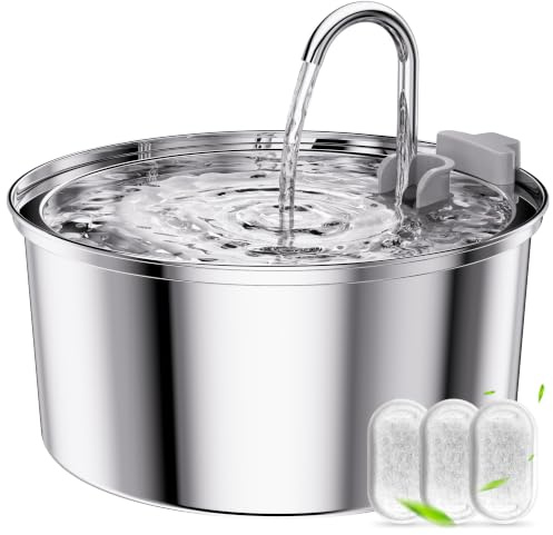 TOMXCUTE 3.2L Edelstahl-Katzenbrunnen für Katzen und kleine Hunde | Mit Wasserfall-Auslauf, spülmaschinenfestem Behälter und Filtersystem mit 1 Schwammfilter und 3 Kohlefiltern